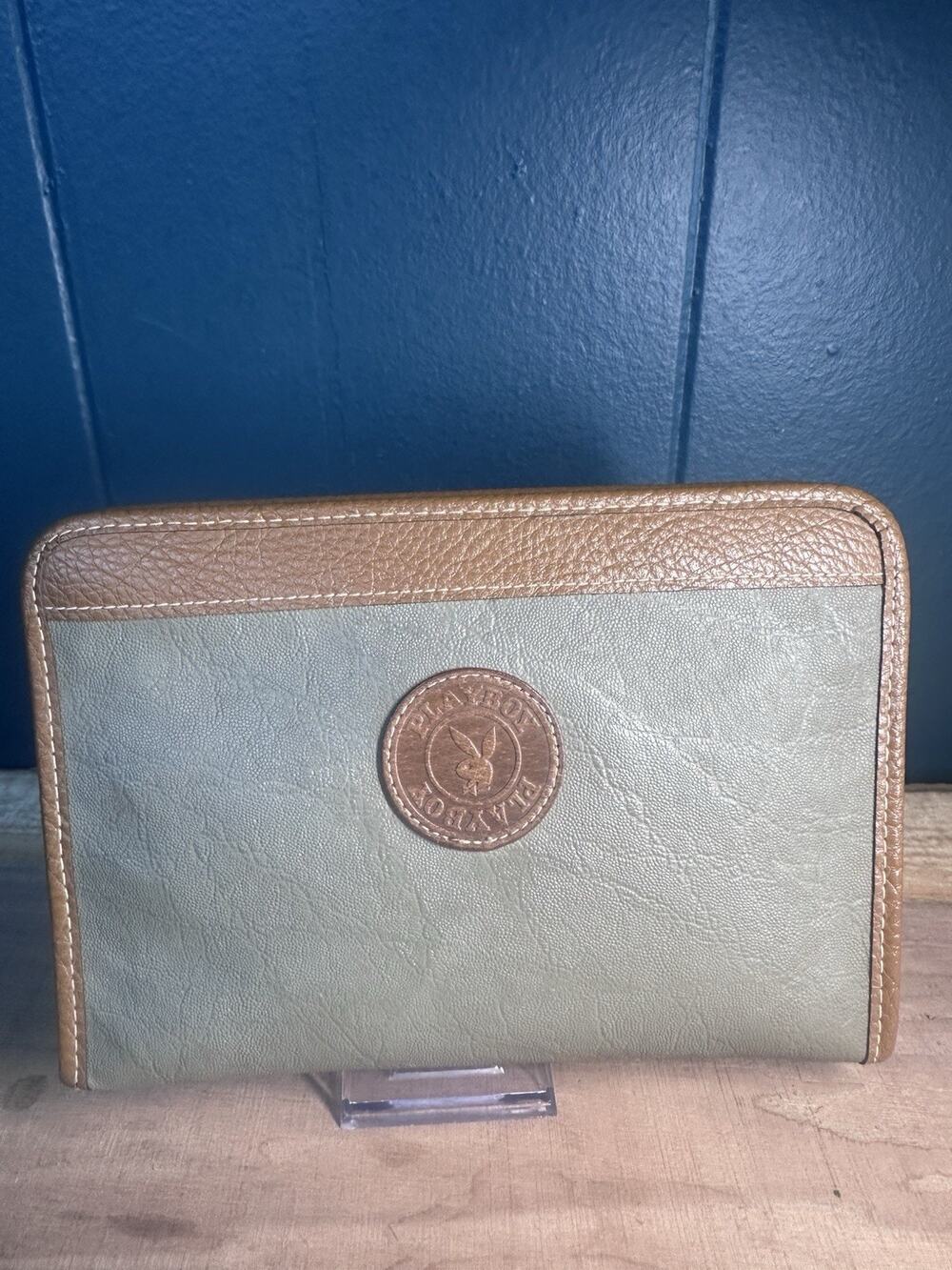 Vintage Playboy Bunny Logo Zip Around Pouch Olive Green Brown
